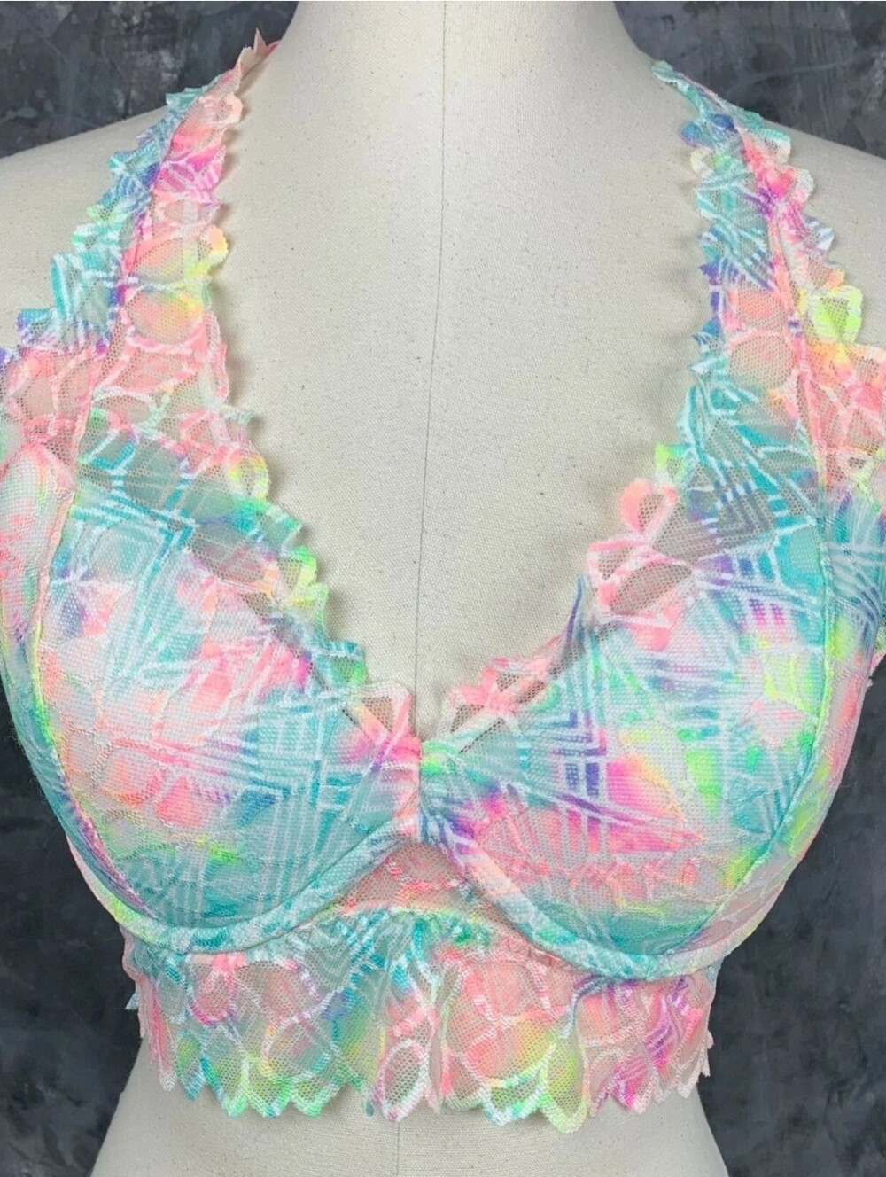 PINK Victoria’s Secret Floral Lace Halter Bralette~Neon Pastel Design. Size: L